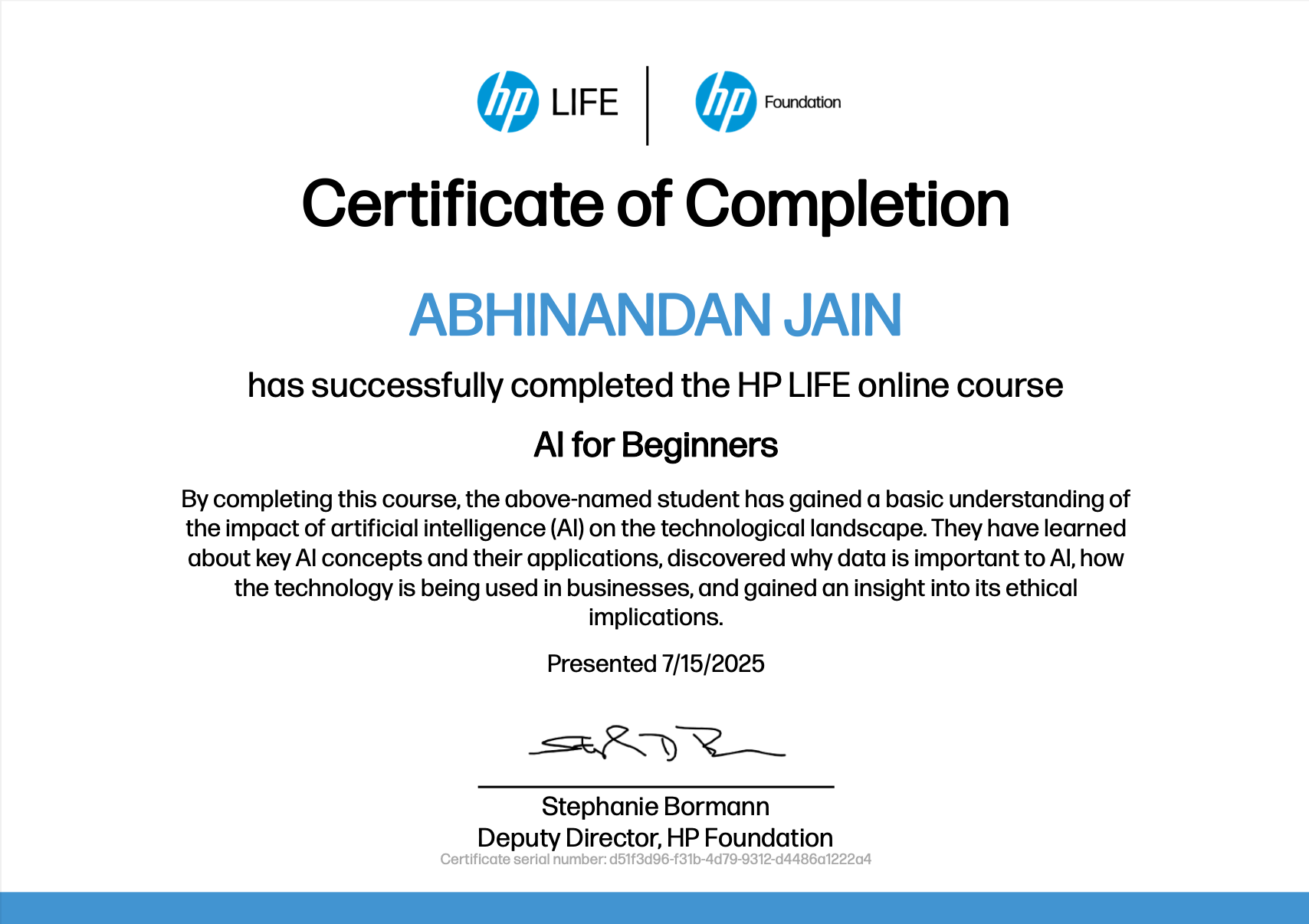 AI for Beginners Certificate from HP-Life